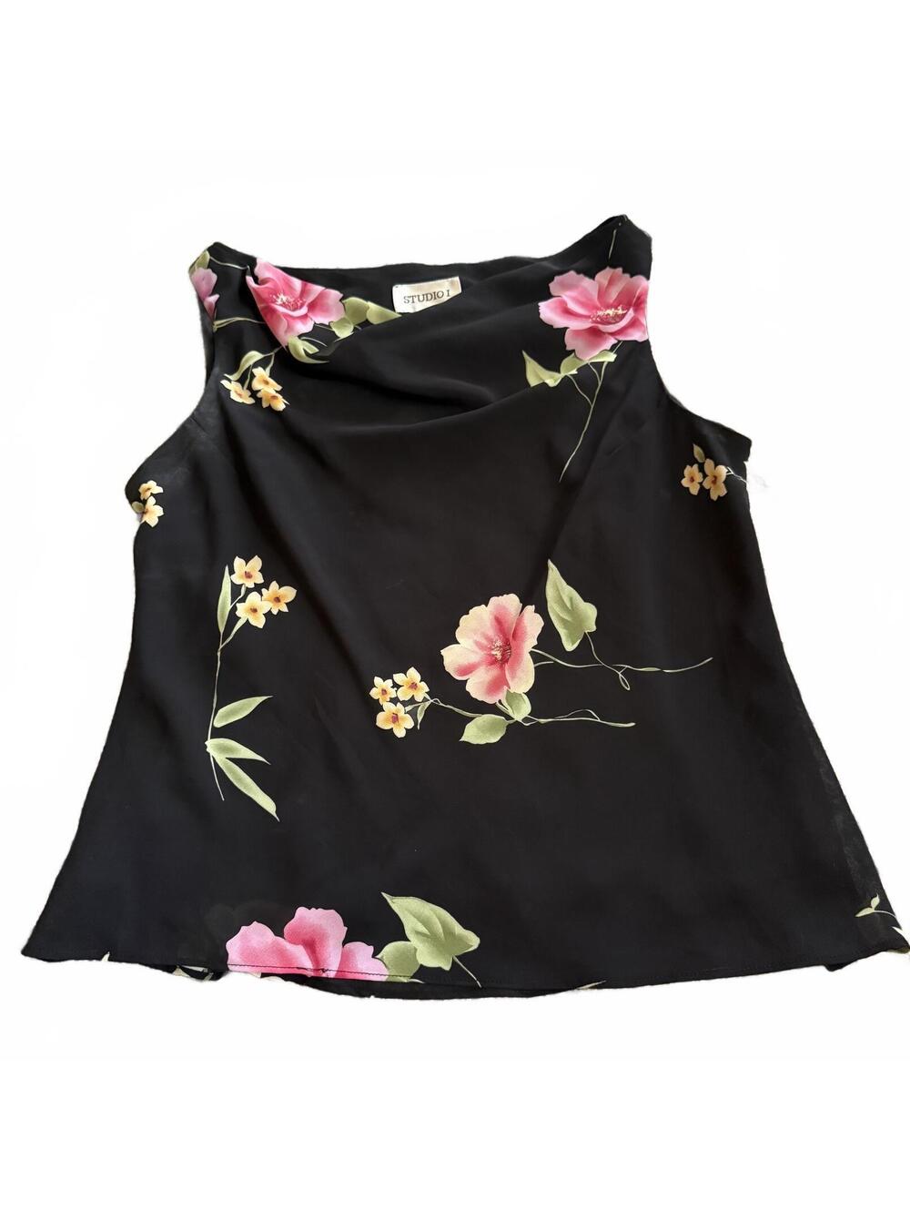 Studio I Black Floral Sleeveless  Top Size 16 / Large. Pink Blossom Overlay